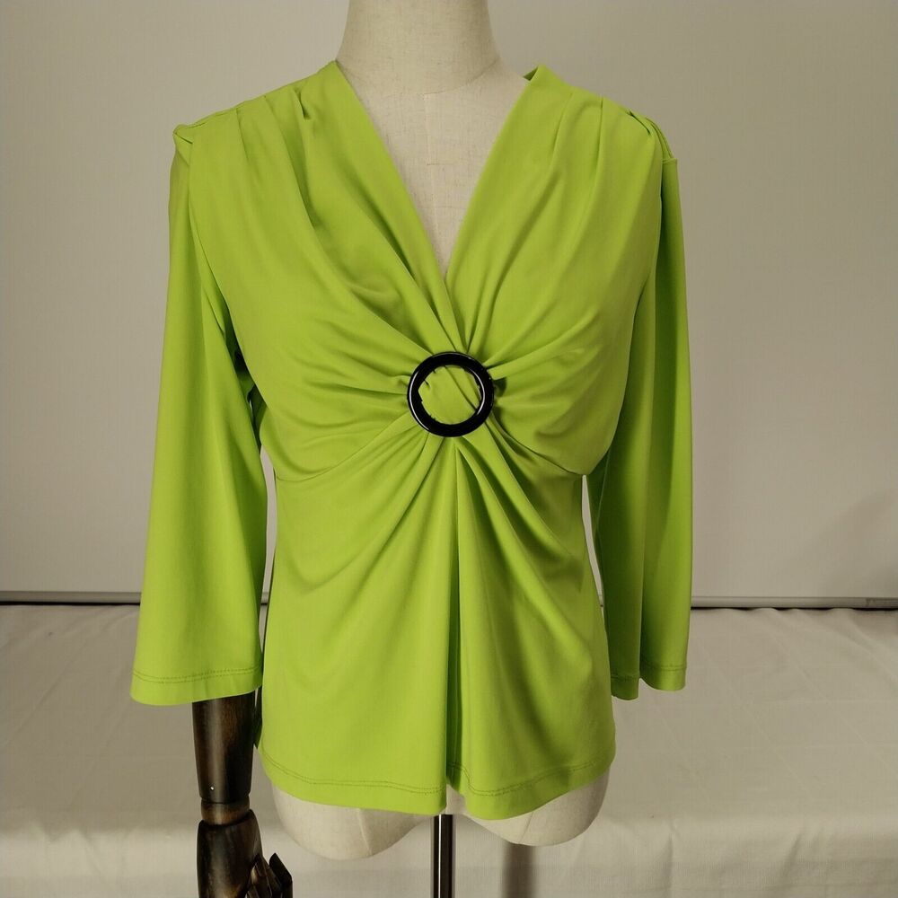 Julie Mitchell Lime Green Gathered V Neck Blouse Size L